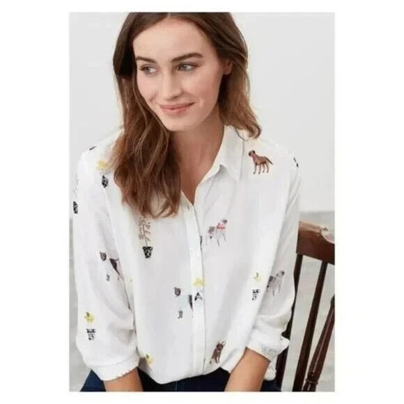 Joules Tops - Joules Elvina Dog Print Button Up Shirt White Blouse LS Women's Size 2 H13483